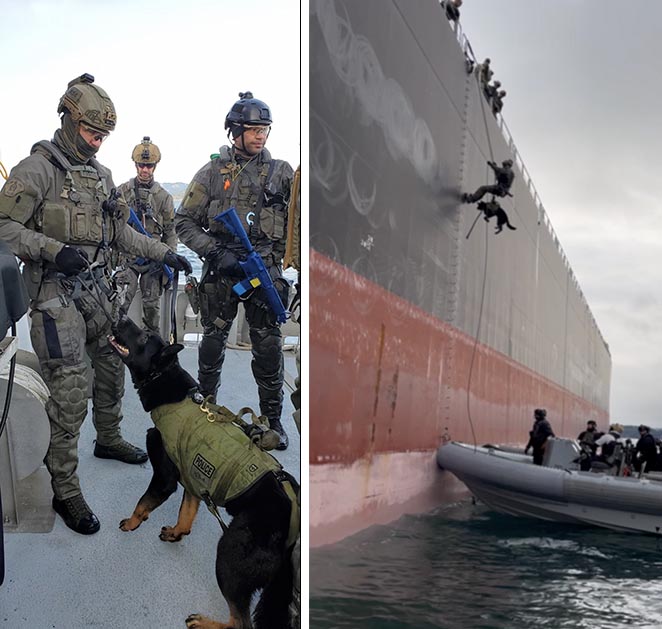 Two images of Jedi with ERT. Image 1- Jedi with three members of ERT in uniform. Image 2 – Jedi being hoisted down a large ship by ERT members.