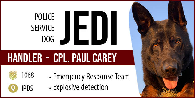 Police Service Dog - Jedi  Handler - Cpl. Paul Carey, 1068 badge, IPDS, Emergency Response Team, Explosive disposal