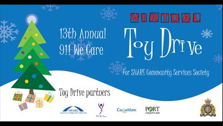 Image: Blue sky, decorated holiday tree with gifts, 13th Annual 911 We Care Toy Drive