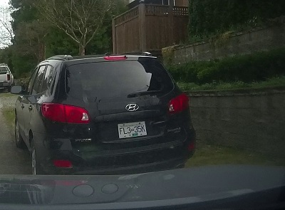 Newer model black Hyundai Santa Fe, bearing license plate FL335K, back end view